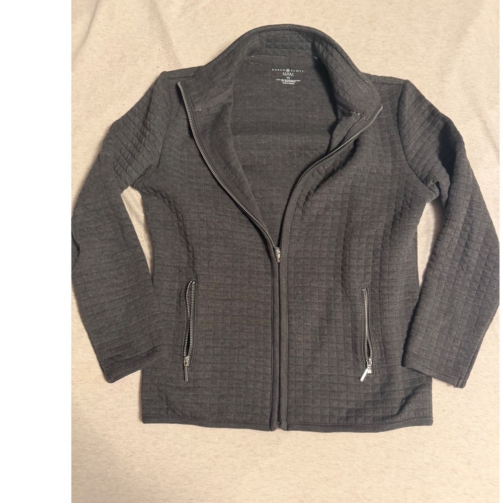 Karen Scott Sport Petites Gray Quilted Grid Full Zip Jacket WPL8046 Size PS
